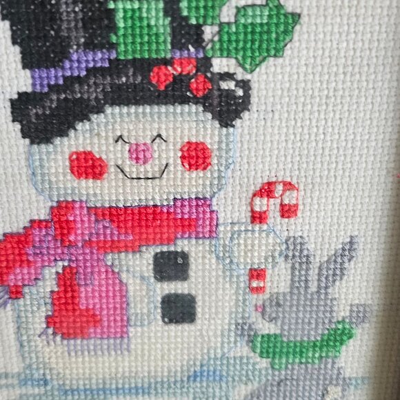 Vintage Santa Claus Snowman & Rabbit Framed Needlepoint Christmas - Picture 2 of 3